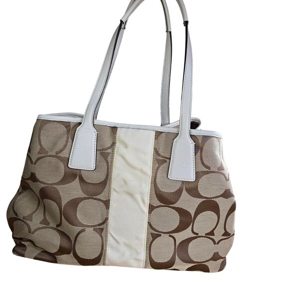 Coach F13533 Signature Leather Stripe Tote Carryall Logo Canvas Purse Handbag LN - Picture 2 of 11